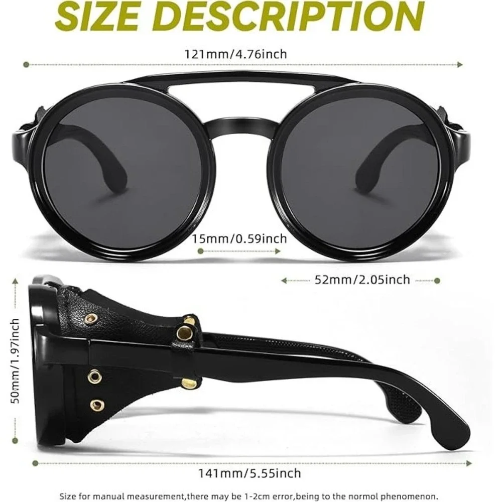 Steampunk Sunglasses Round Goggles Side Shield Rivets Retro Vintage Style Lentes